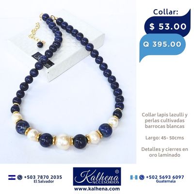 Collar lapis lazulli y perlas cultivadas barrocas blancas