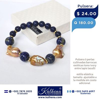 Pulsera lapis lazulli y perlas cultivadas exóticas barrocas ivory