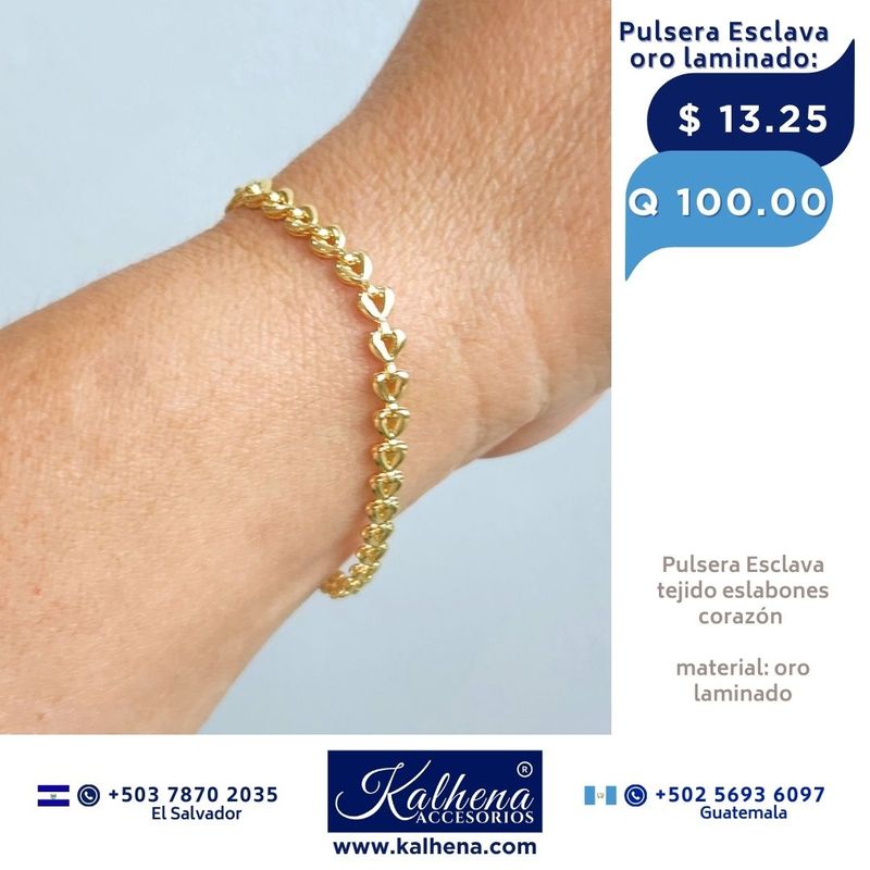 Pulsera esclava eslabones corazón en oro laminado