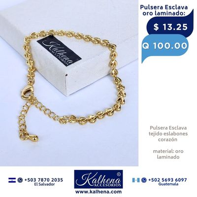 Pulsera esclava eslabones corazón en oro laminado