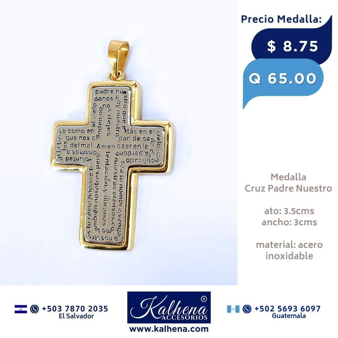 Dije Medalla Religiosa Cruz Padre Nuestro en acero inox dorado