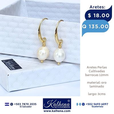Aretes perla cultivada barroca colgantes oro laminado