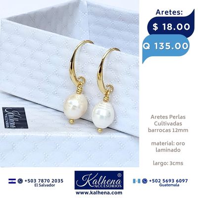 Aretes perla cultivada barroca colgantes oro laminado