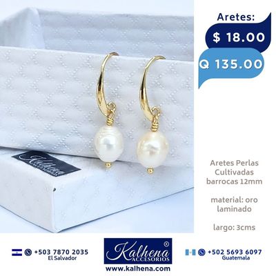 Aretes perla cultivada barroca colgantes oro laminado