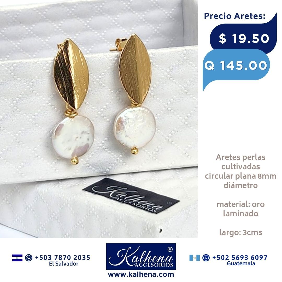 Aretes perla cultivada circular plana