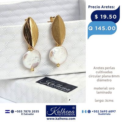 Aretes perla cultivada circular plana