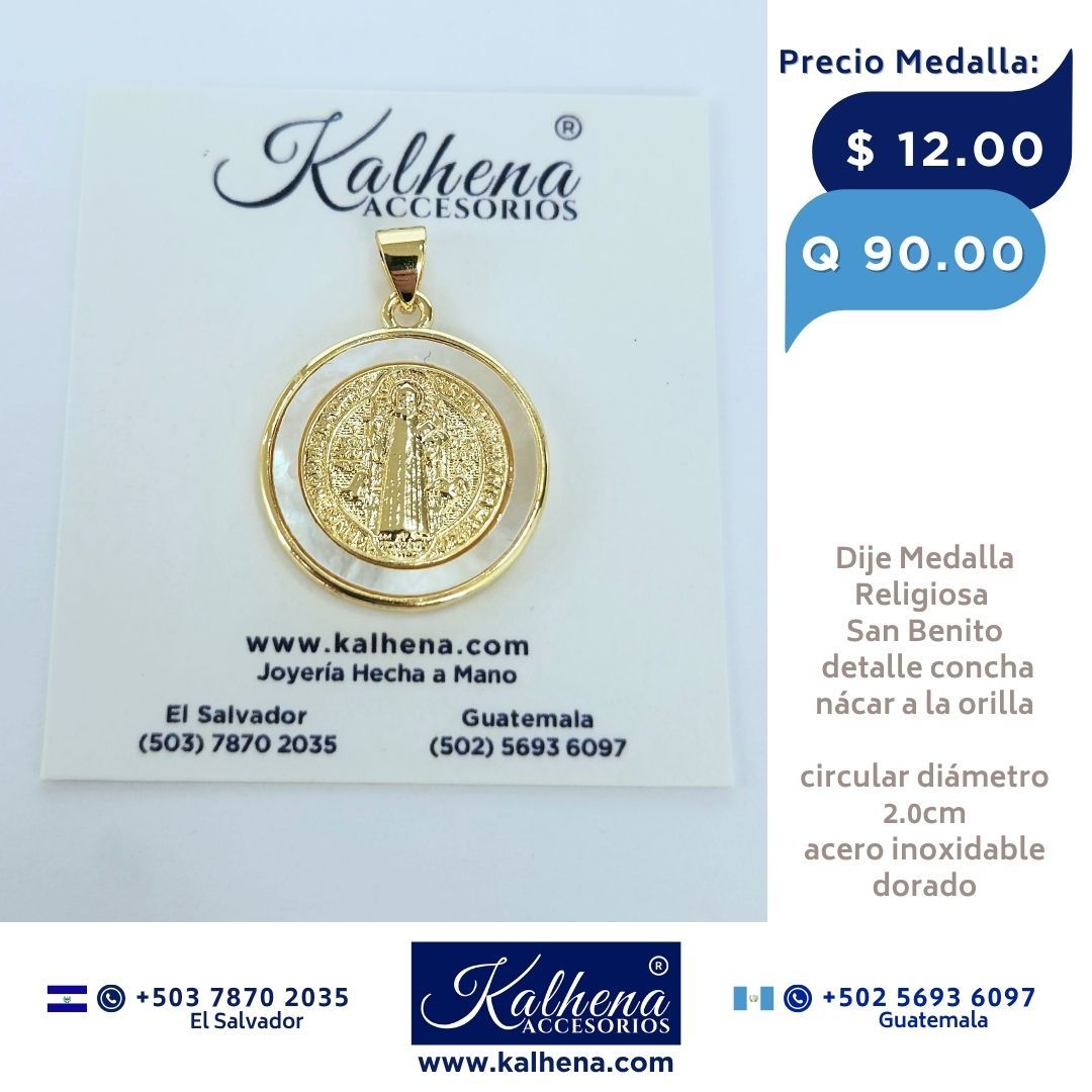 Dije Medalla Religiosa San Benito en acero inox dorado y concha nácar