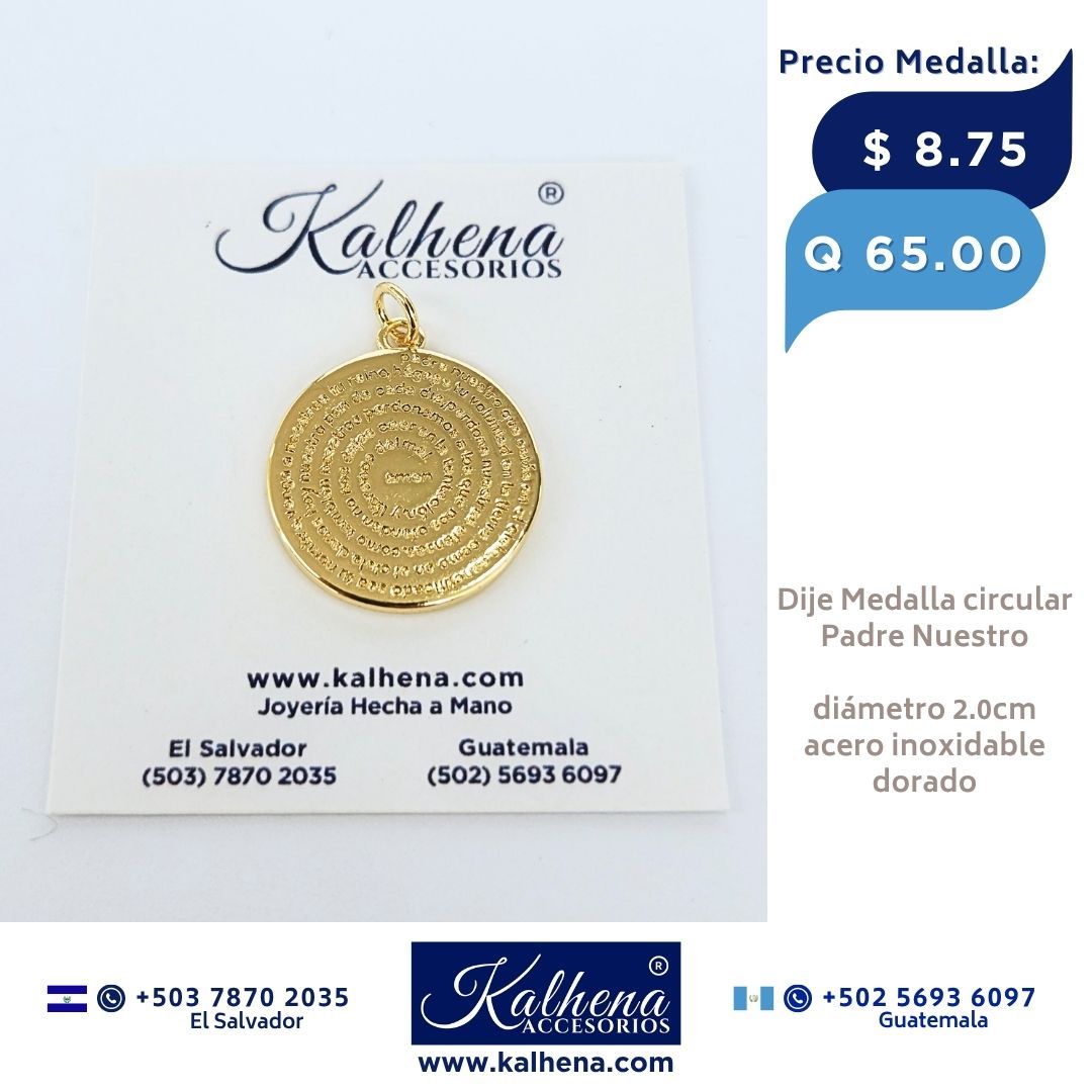 Dije Medalla Religiosa circular Padre Nuestro en acero inox dorado