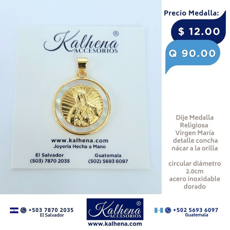 Dije Medalla Religiosa Virgen Maria en acero inox dorado y concha nácar
