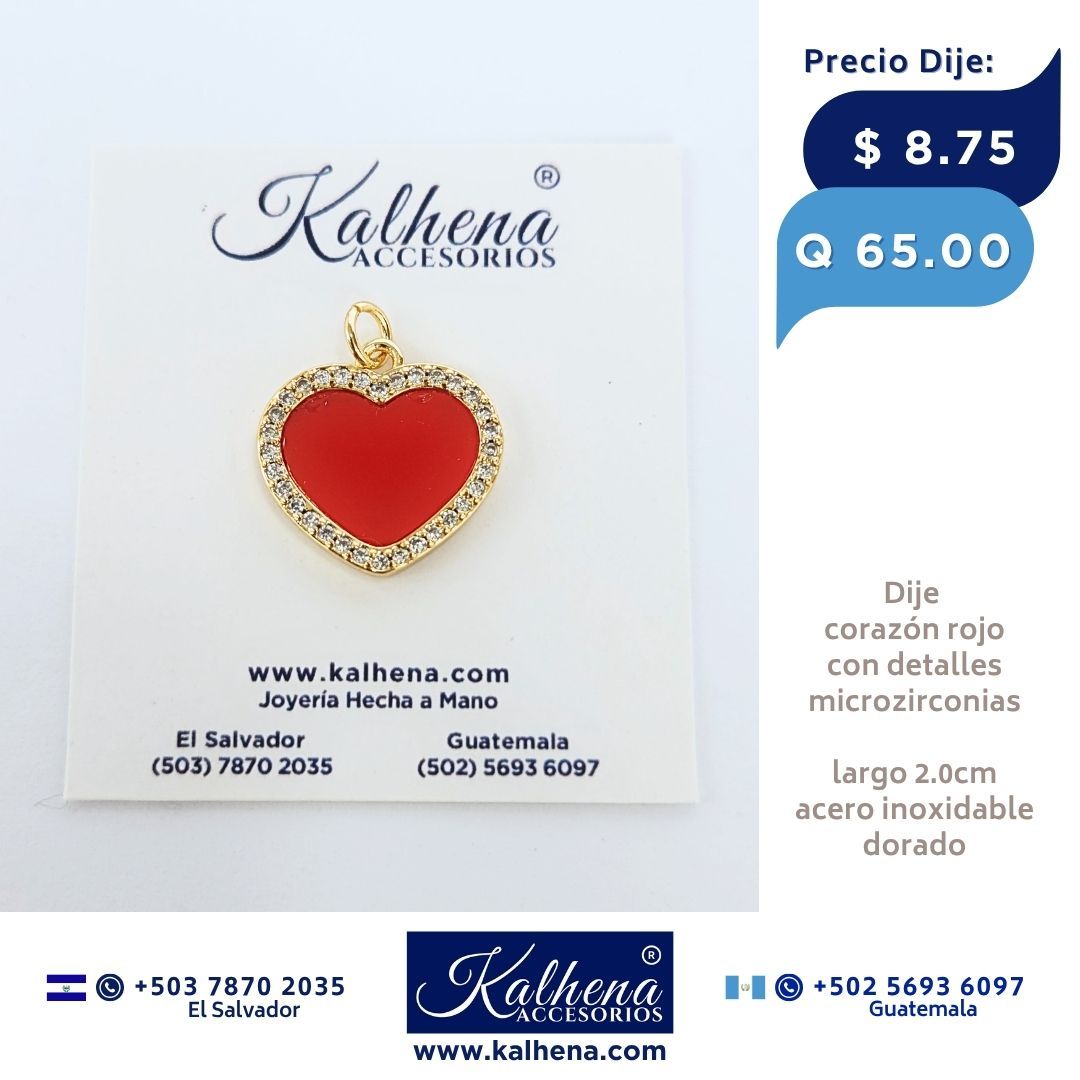 Dije Corazón rojo en acero inox dorado y microzirconias