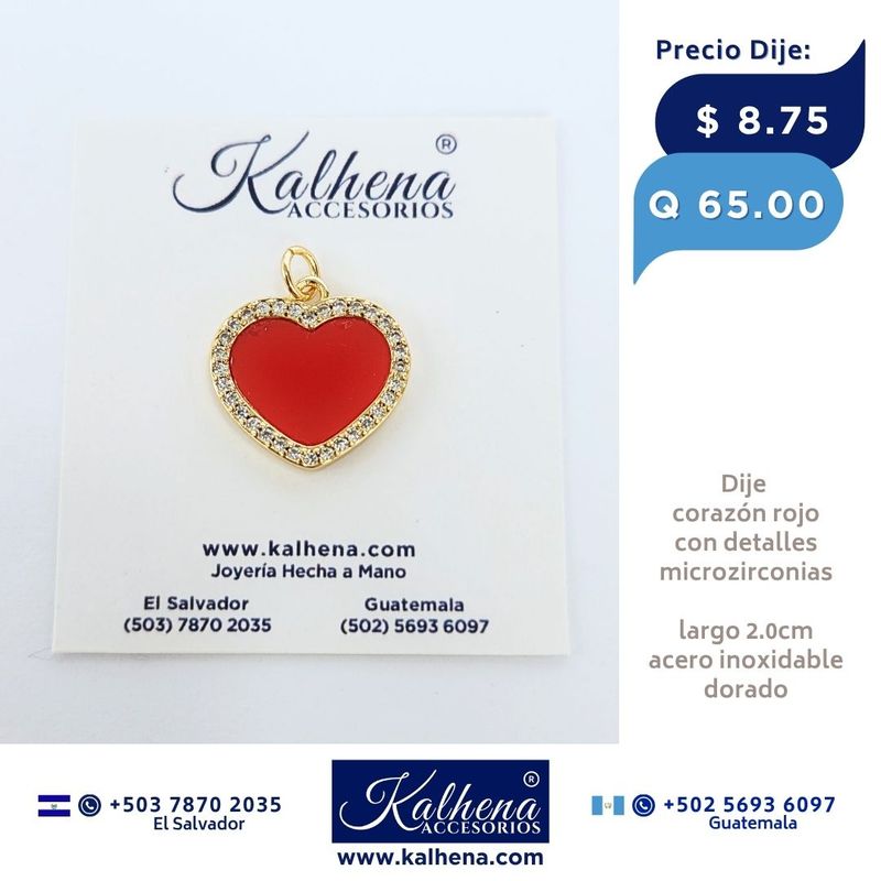 Dije Corazón rojo en acero inox dorado y microzirconias