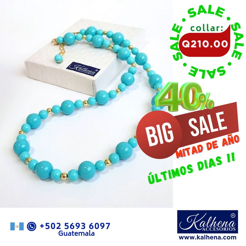 Collar perlas tipo Mallorca turquesa entre balines gold