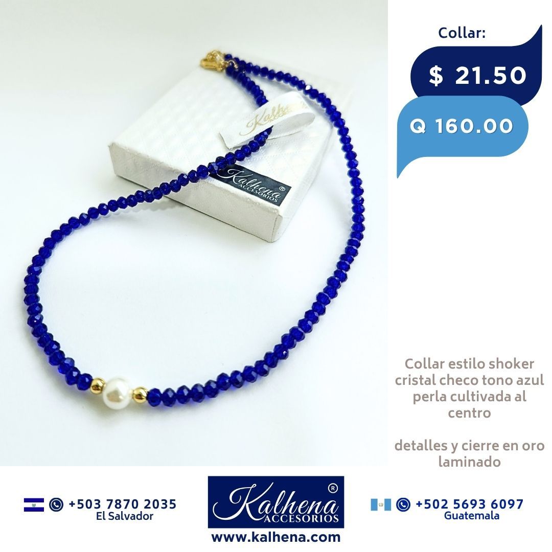 Collar cristales checos azules entre perla cultivada