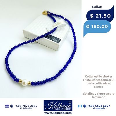 Collar cristales checos azules entre perla cultivada