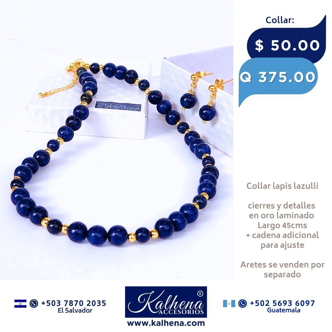 Collar piedra lapiz lazulli entre balines oro laminado