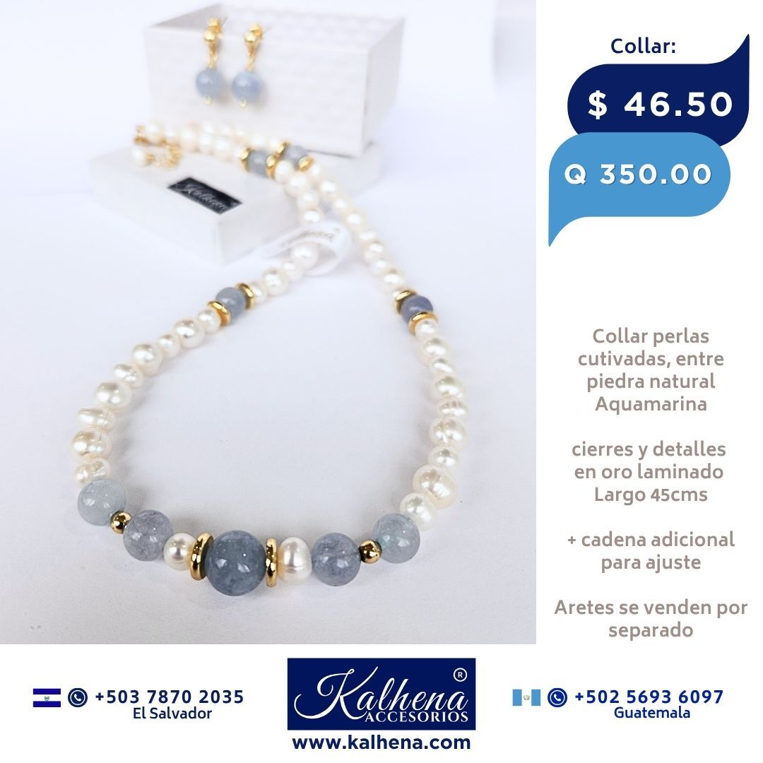 Collar 5 Aquamarinas celestes y perlas cultivadas