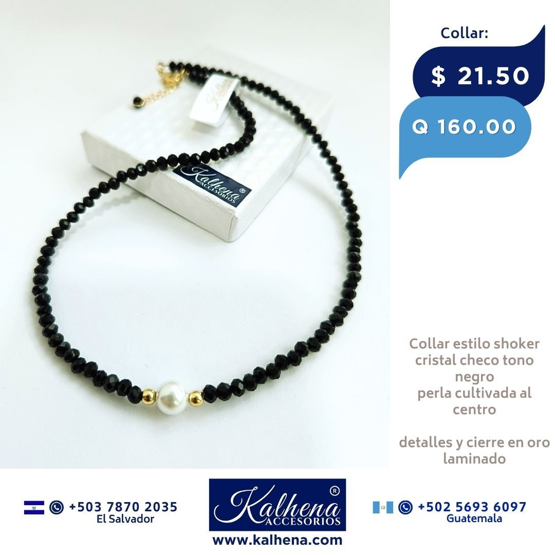 Collar cristales checos negros entre perla cultivada