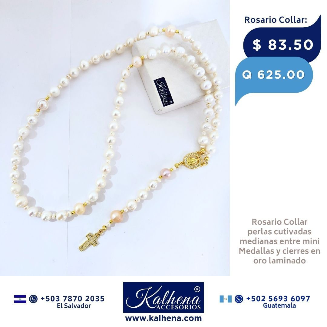 Rosario Collar perlas cultivadas Medallas y cierres en oro laminado