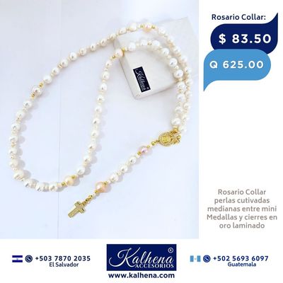 Rosario Collar perlas cultivadas Medallas y cierres en oro laminado