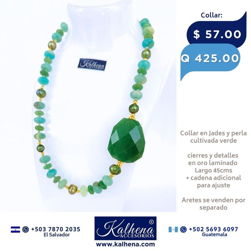 Collar Jade y perlas cultivadas verdes, detalles oro laminado