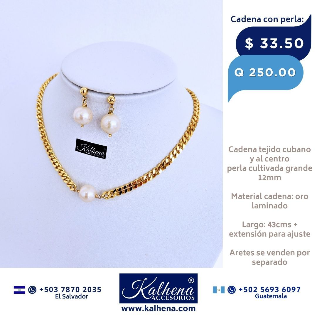 Cadena tejido cubano con perla cultivada al centro