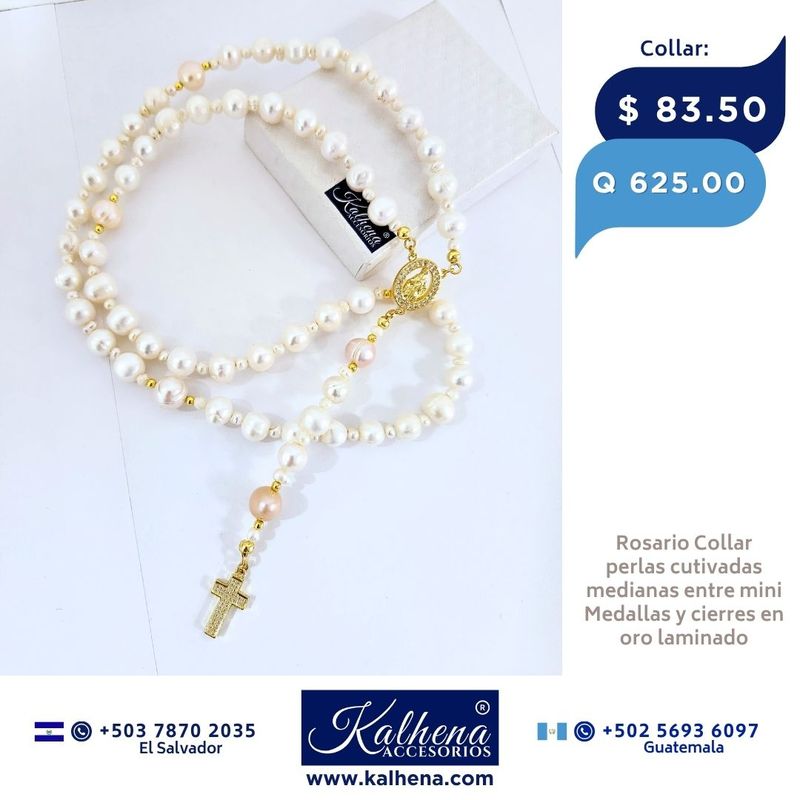 Rosario Collar perlas cultivadas Medallas y cierres en oro laminado