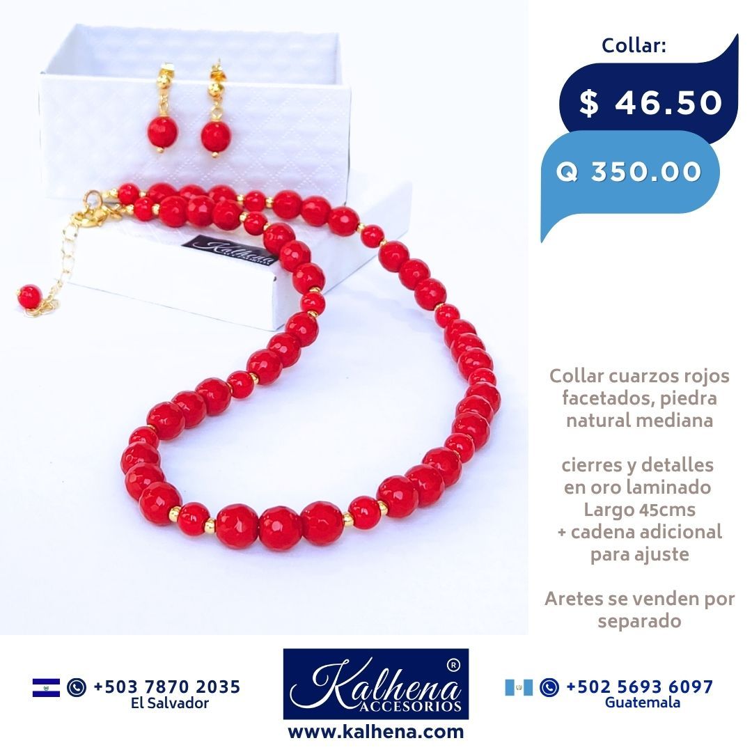 Collar piedra cuarzos rojos facetados entre balines oro laminado