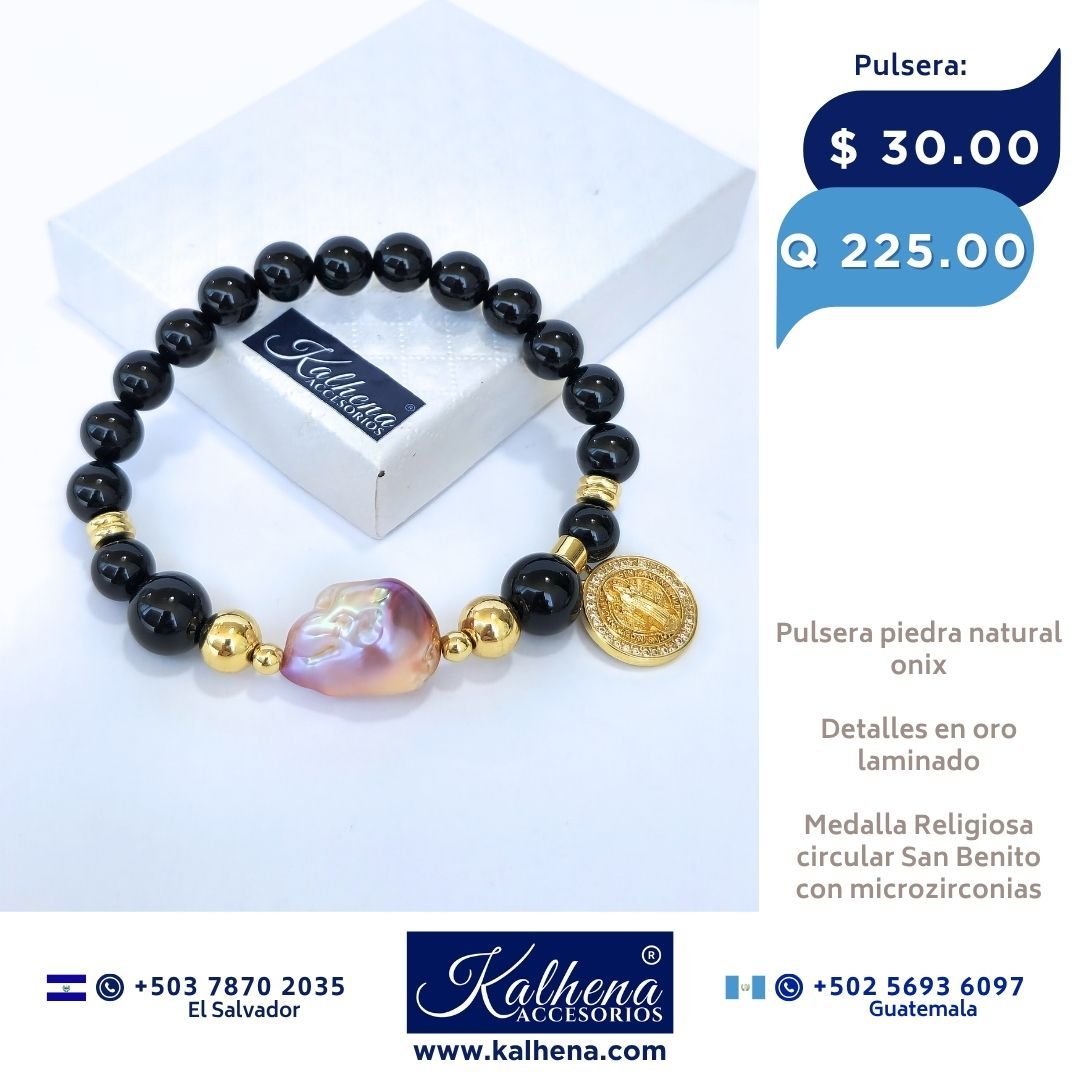 Pulsera onix negro y perla cultivada barroca ivory con Medalla Religiosa San Benito