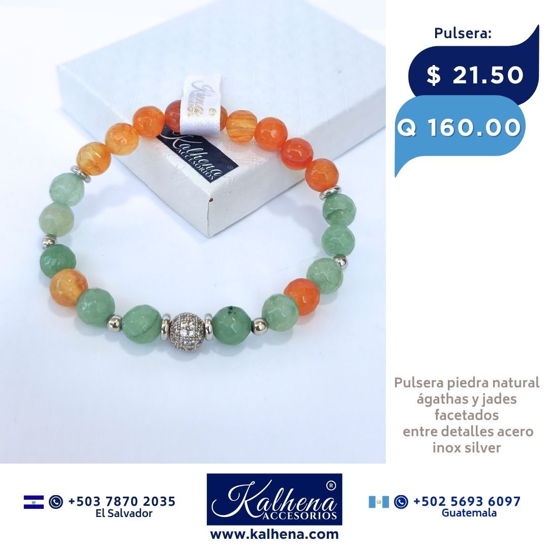 Pulsera agathas y jades entre detalles acero inox silver