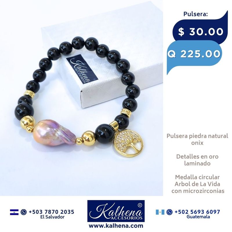 Pulsera onix negro y perla cultivada barroca ivory con Dije Arbol de La Vida