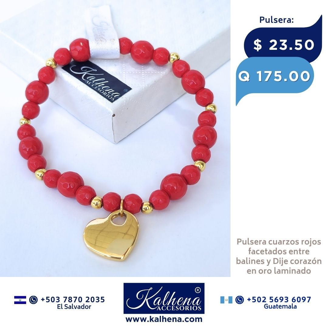 Pulsera Cuarzos rojos facetados y dije Corazón