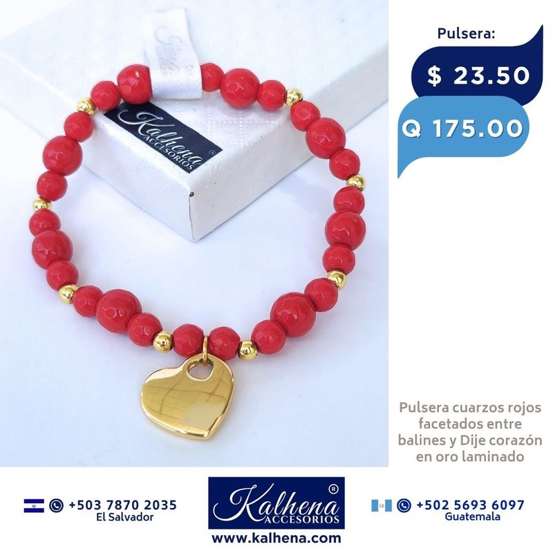 Pulsera Cuarzos rojos facetados y dije Corazón