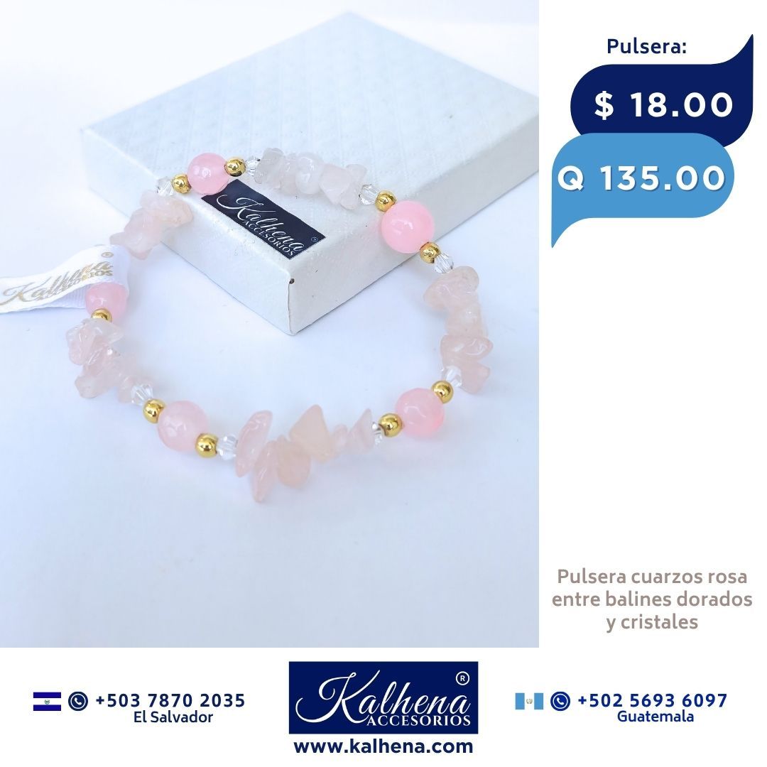 Pulsera Cuarzos Rosa entre balines dorados y cristales