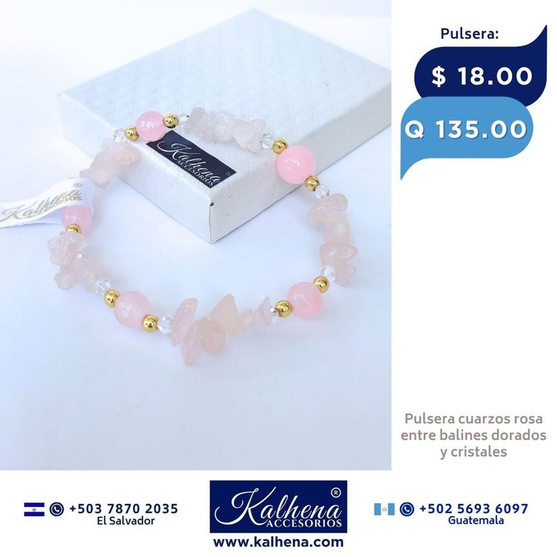 Pulsera Cuarzos Rosa entre balines dorados y cristales