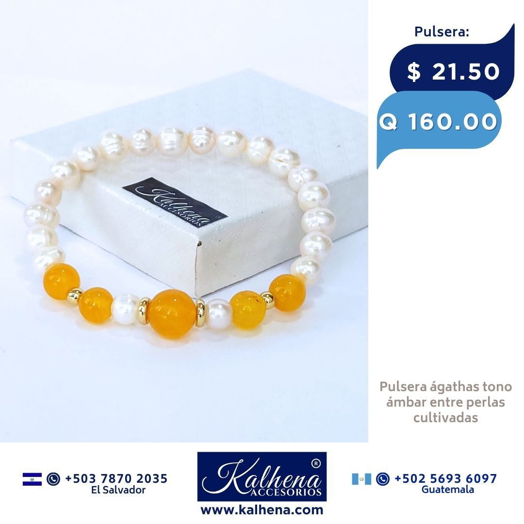 Pulsera 5 Ágathas tono ámbar y perlas cultivadas