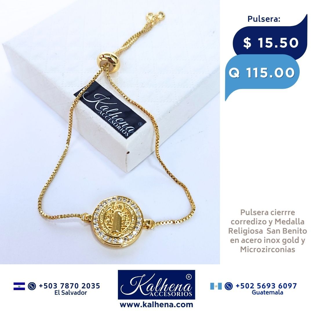 Pulsera cierre corredizo Medalla San Benito dorado con microzirconias