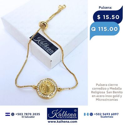 Pulsera cierre corredizo Medalla San Benito dorado con microzirconias