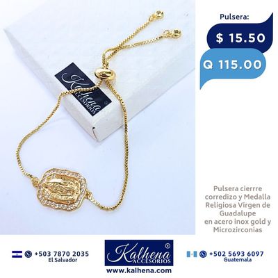Pulsera cierre corredizo Medalla Virgen de Guadalupe dorado con microzirconias