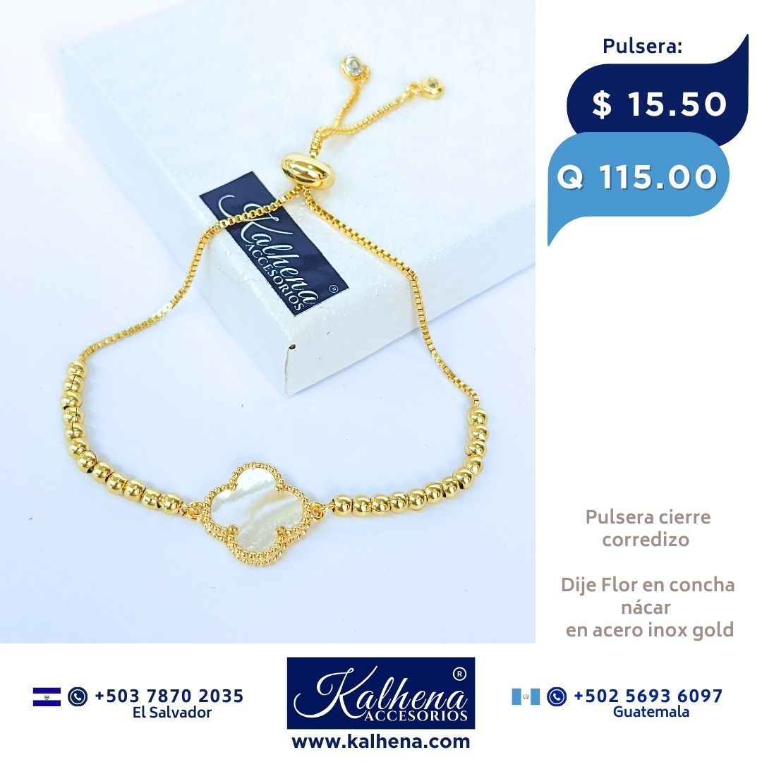 Pulsera cierre corredizo Dije Flor blanca en concha nácar