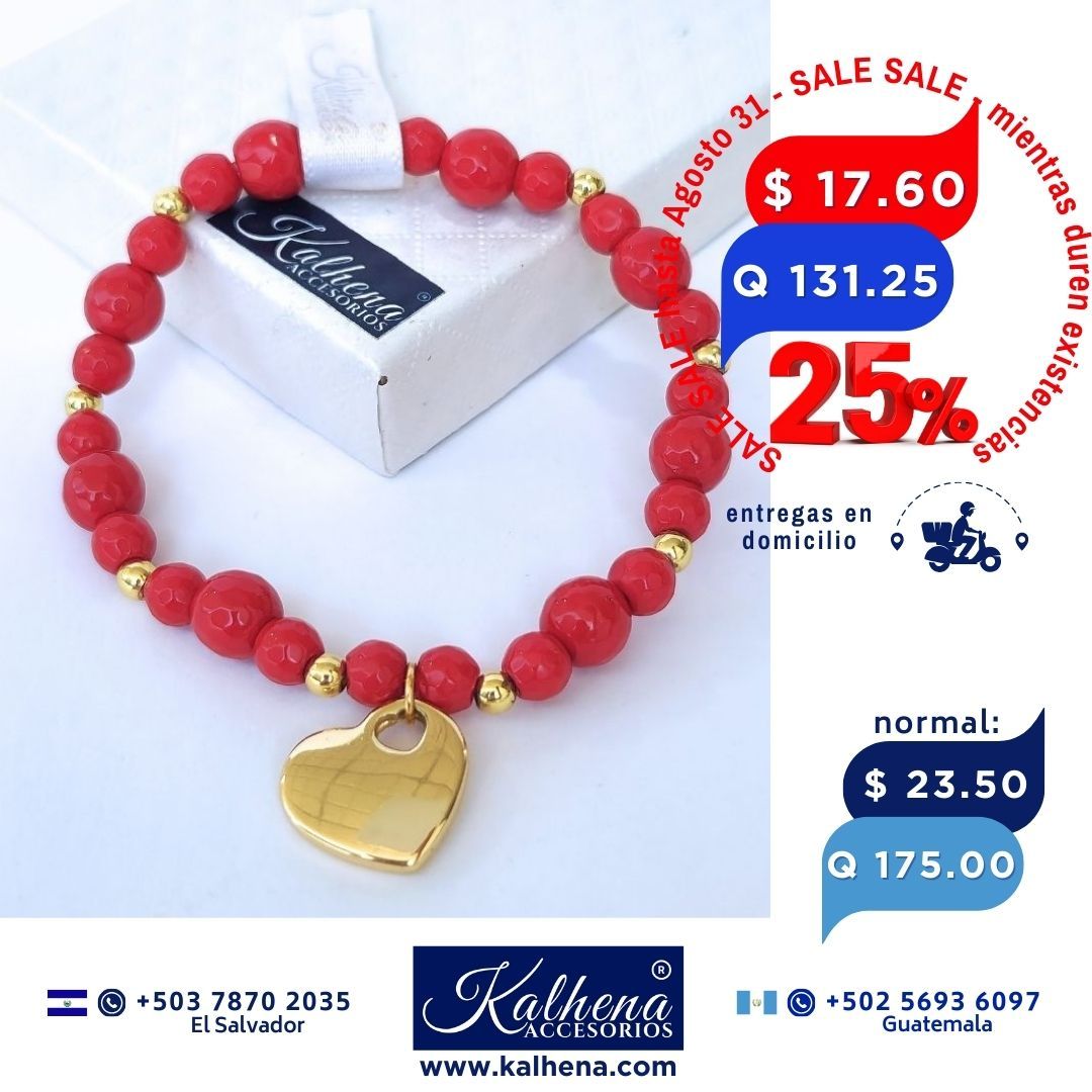 Pulsera Cuarzos rojos facetados y dije Corazón