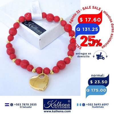 Pulsera Cuarzos rojos facetados y dije Corazón