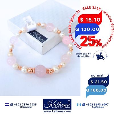 Pulsera Cuarzos Rosa entre perlas cultivadas blancas
