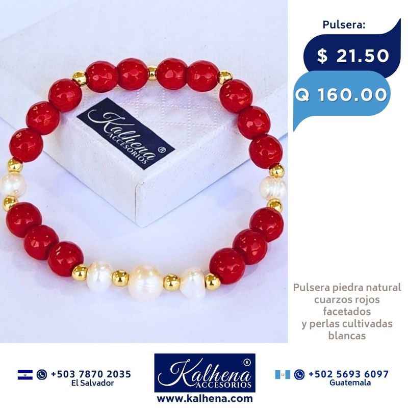 Pulsera Agathas rojas y perlas cultivadas