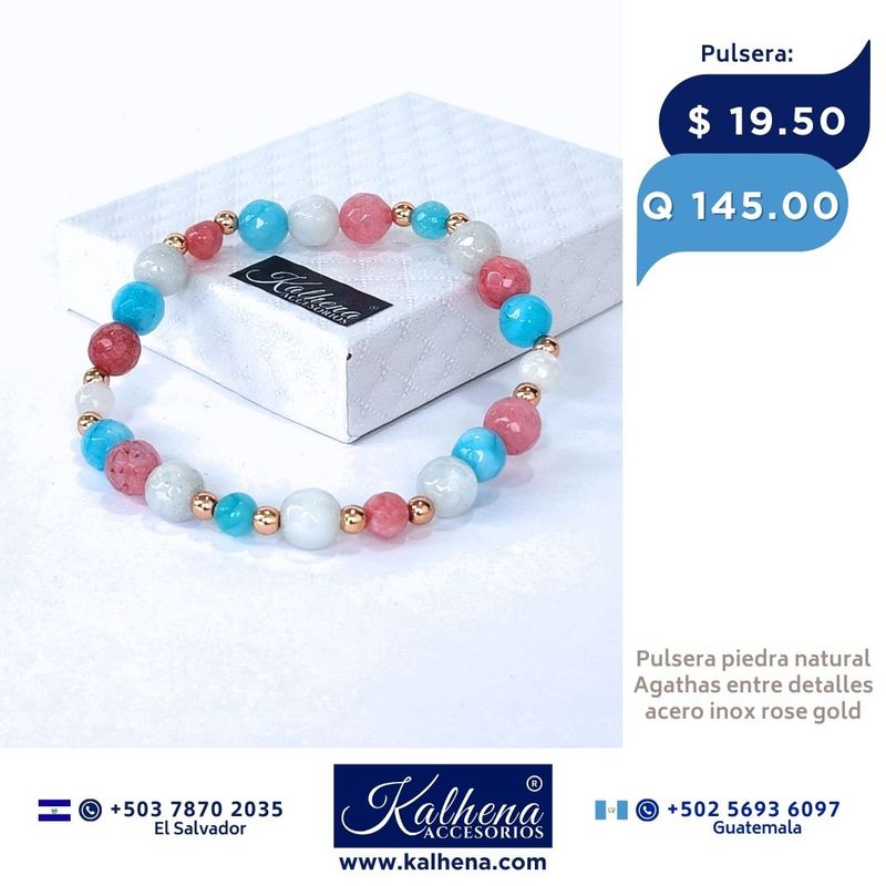 Pulsera agathas y detalles acero inox rose gold