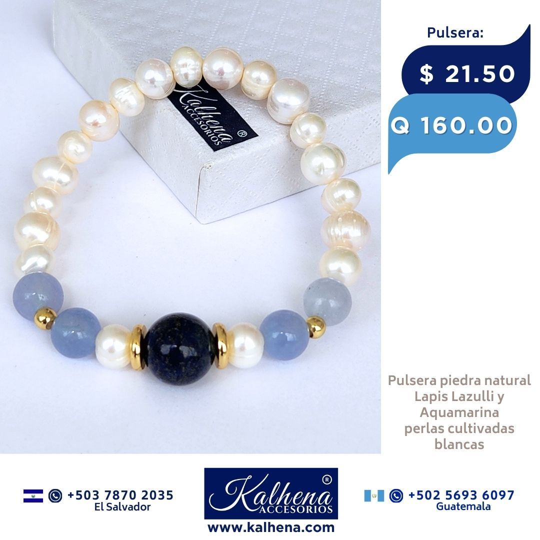 Pulsera Lapis Lazully y  Aquamarinas entre perlas cultivadas