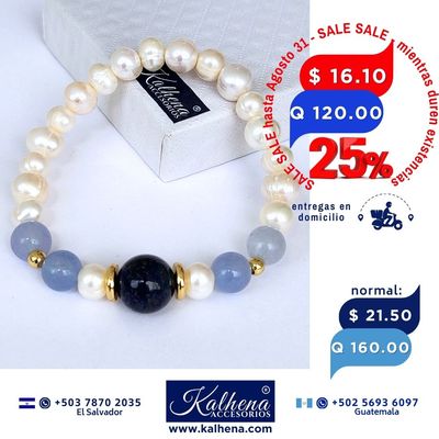 Pulsera Lapis Lazully y  Aquamarinas entre perlas cultivadas