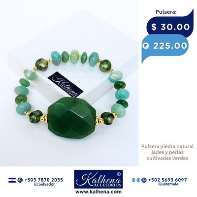 Pulsera Jades verdes, perlas cultivadas verdes