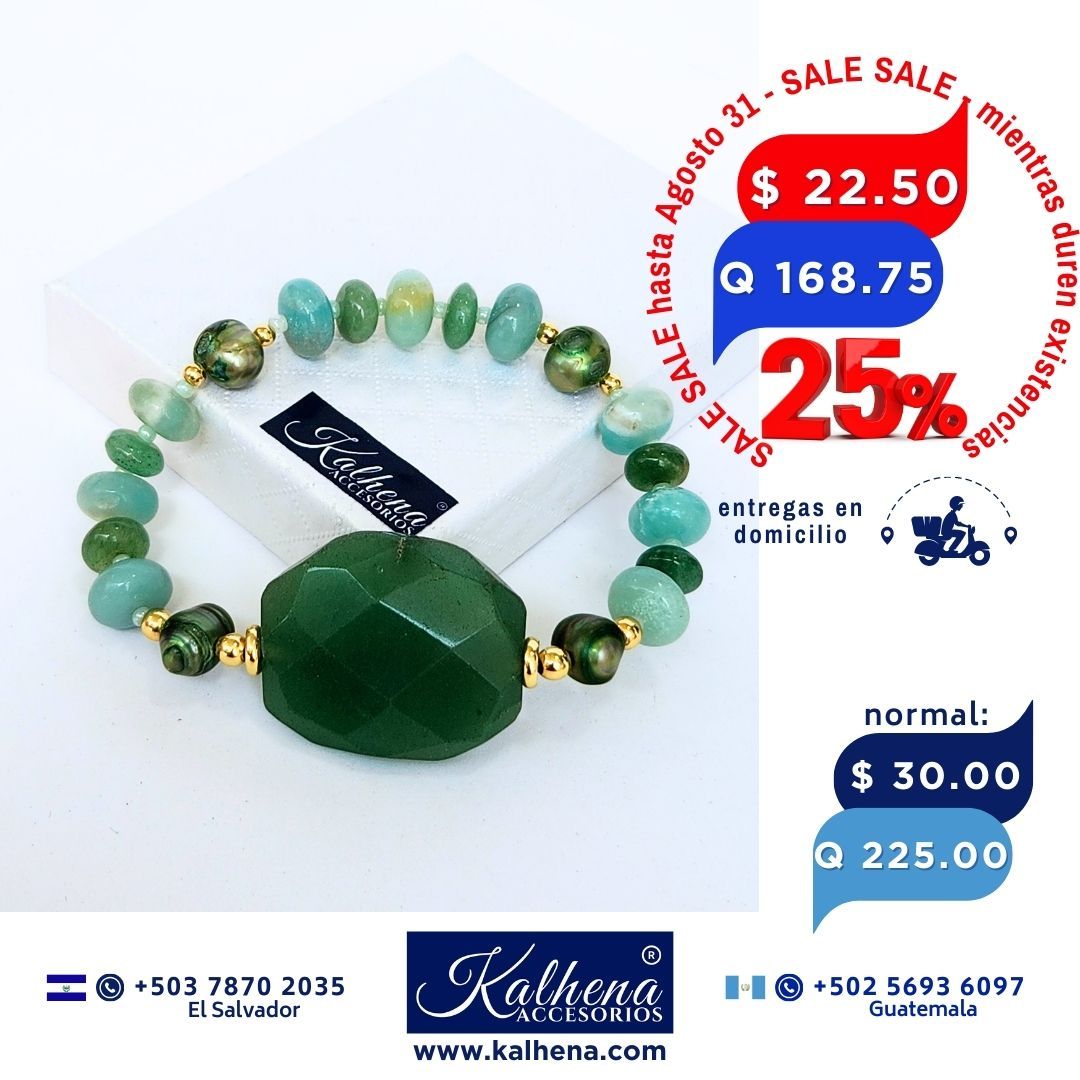 Pulsera Jades verdes, perlas cultivadas verdes