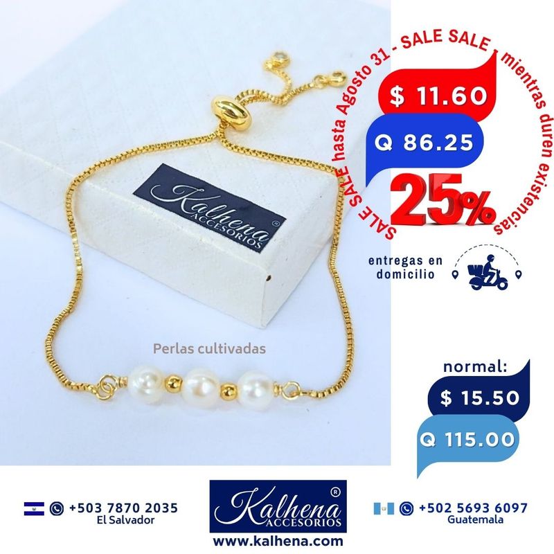 Pulsera cierre corredizo desde 1 hasta 3 Perlas Cultivadas (opcion a elegir)