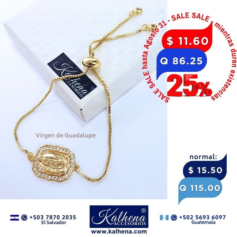 Pulsera cierre corredizo Medalla Virgen de Guadalupe dorado con microzirconias